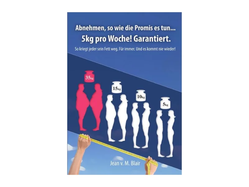 Abnehmen wie die Promis Buch mit blauem Cover, Silhouetten und gelbem Massband in Frontansicht