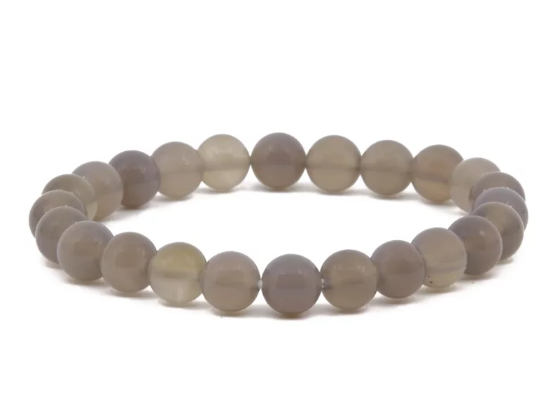 Achat Edelsteinarmband mit grau-braunen Kugeln auf elastischem Band in Gesamtansicht