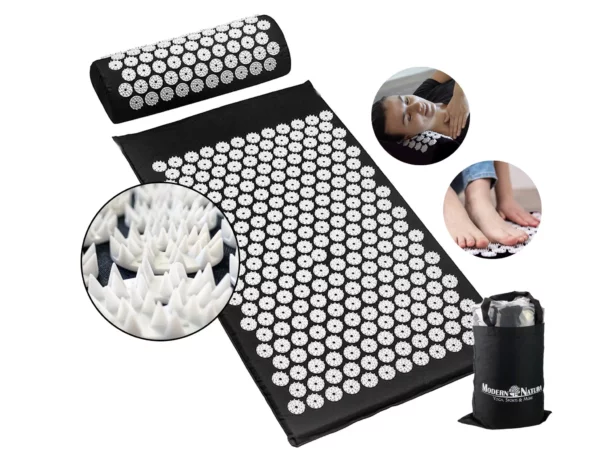 Akupressur-Set Shizuka mit schwarzer Matte, Kissen, Tragetasche und weissen Pyramiden-Dornen