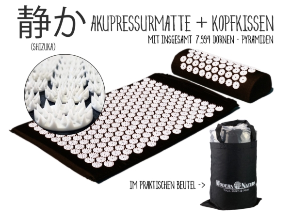 Set d’acupression Shizuka avec tapis et coussin noirs ainsi qu’une vue détaillée des pointes blanches