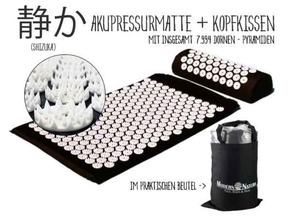 Akupressur-Set Shizuka mit schwarzer Matte und Kissen sowie Detailansicht der weissen Dornen