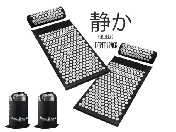 Akupressur-Set Shizuka Doppelpack mit zwei Matten, Kopfkissen und schwarzen Tragetaschen