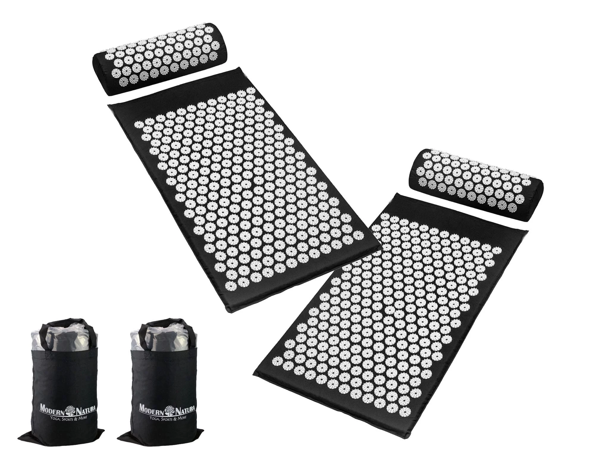 Set d'acupression Shizuka pack double avec picots pyramidaux blancs sur tapis noirs