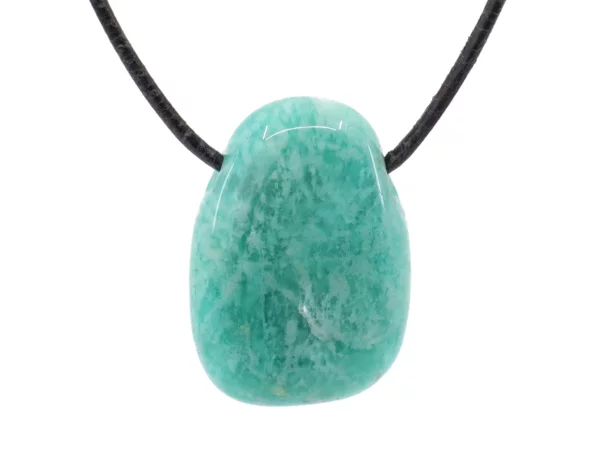 Amazonite gemstone pendant as a polished tumbled stone with a black necklace on a white background