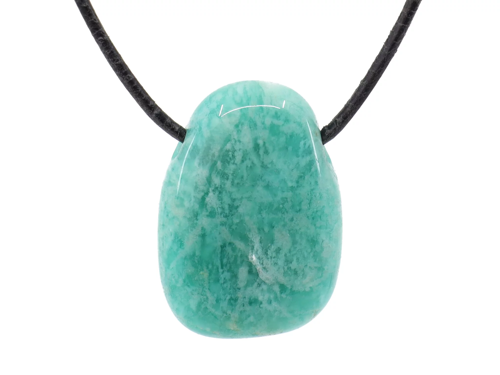 Amazonite gemstone pendant as a polished tumbled stone with a black necklace on a white background