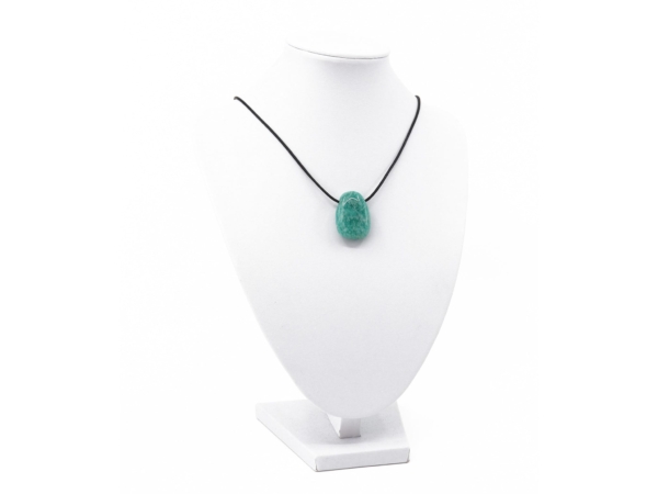 Amazonite gemstone pendant on a black chain on a white jewelry bust