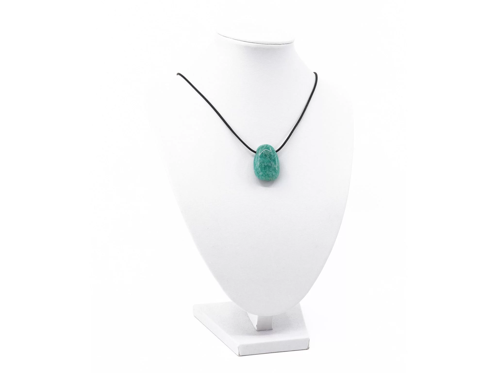 Amazonite gemstone pendant on a black chain on a white jewelry bust