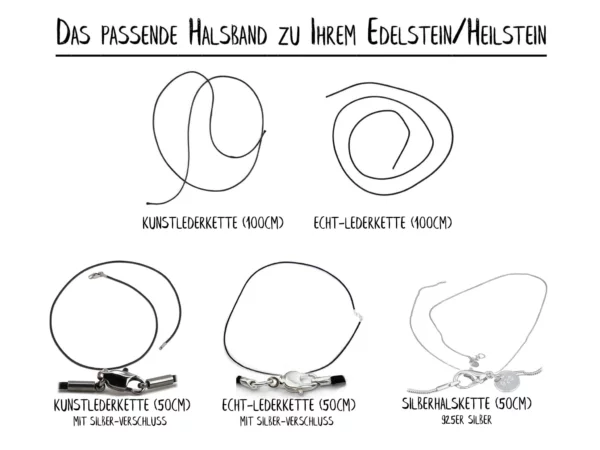 Amethyst Herz Edelstein Anhänger mit Übersicht zu Kunstleder- und Echtlederketten in verschiedenen Längen