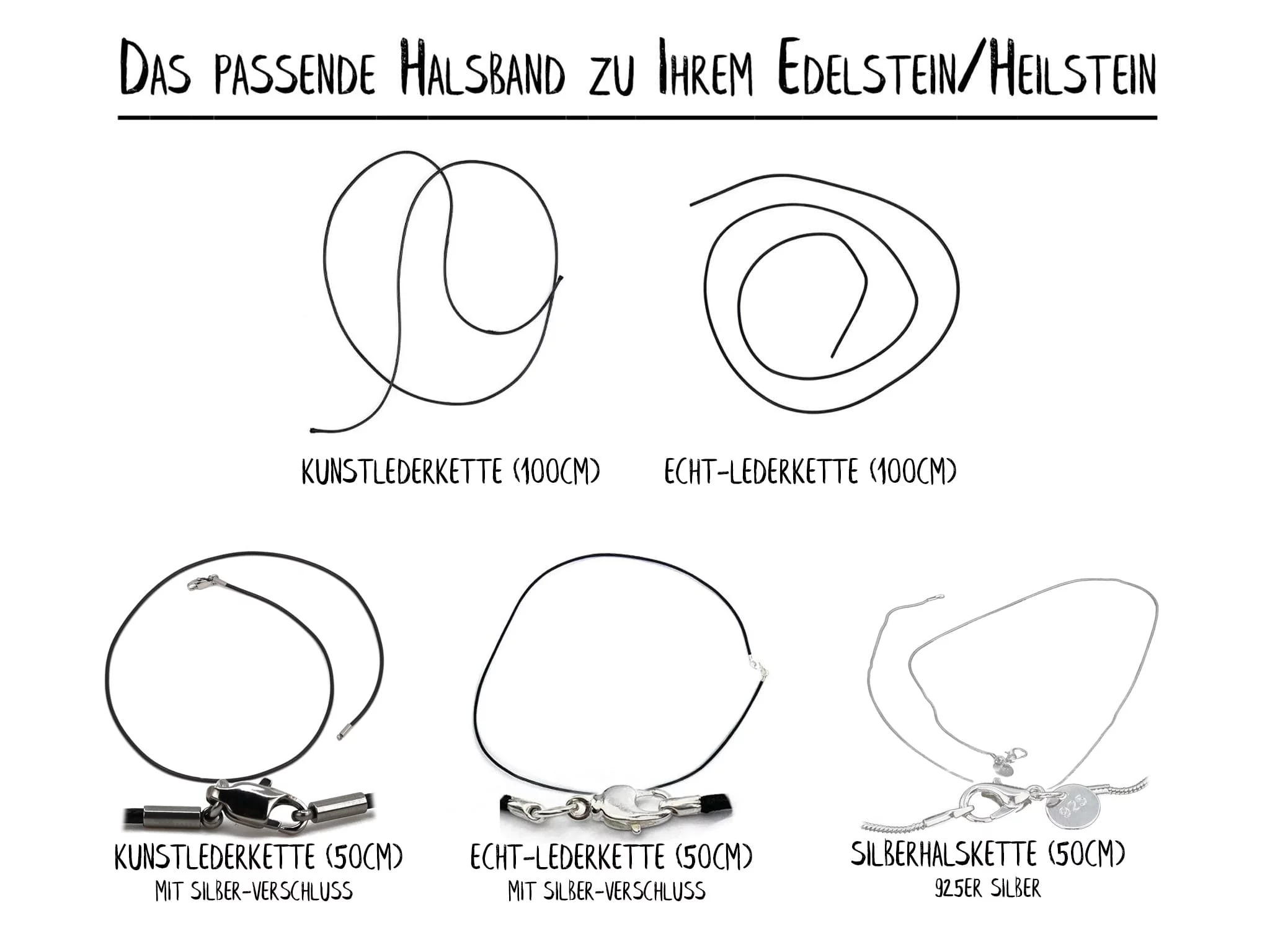 Amethyst Herz Edelstein Anhänger mit Übersicht zu Kunstleder- und Echtlederketten in verschiedenen Längen