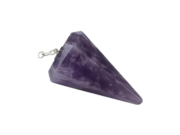 Amethyst pendulum with faceted violet natural stone and silver-colored chain on a white background