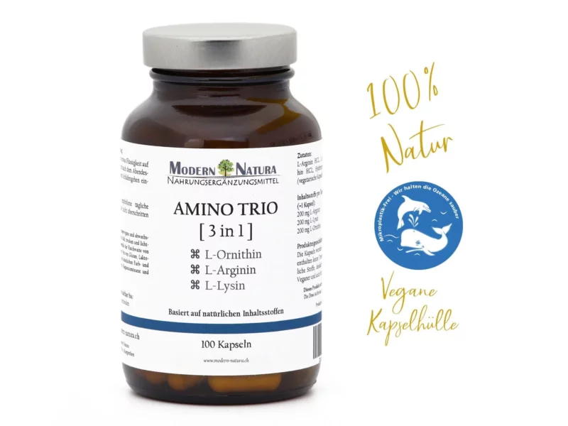Amino Trio Kapseln mit L-Arginin, L-Lysin und L-Ornithin in Produktansicht