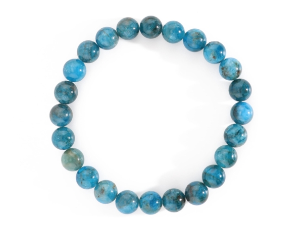 Apatite gemstone bracelet in top view with round polished blue-green natural stone beads