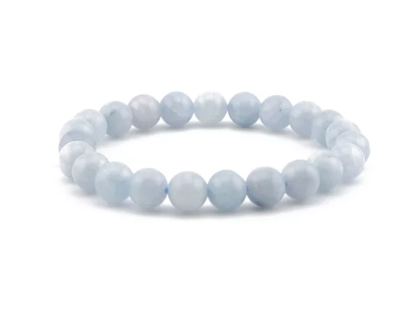 Bracciale in acquamarina con sfere azzurre su sfondo bianco, vista frontale