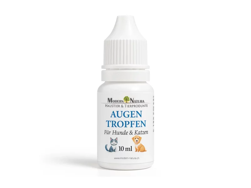 Eye drops for dogs and cats in white dropper bottle with label on white background