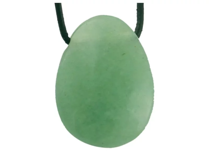 Aventurine gemstone pendant in oval shape with black necklace on white background