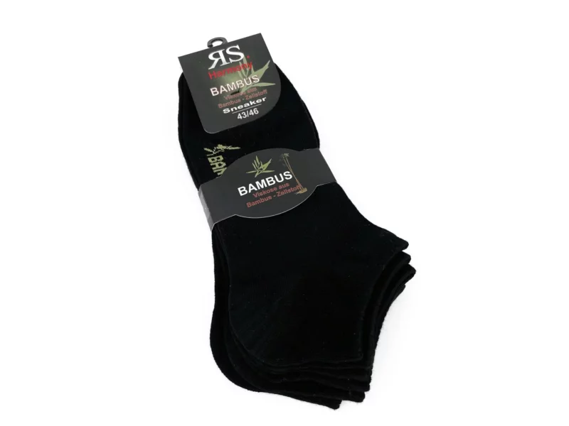 Bambus Sneaker Socken in Schwarz als gestapeltes 9-Paar-Set mit Banderole auf weissem Hintergrund