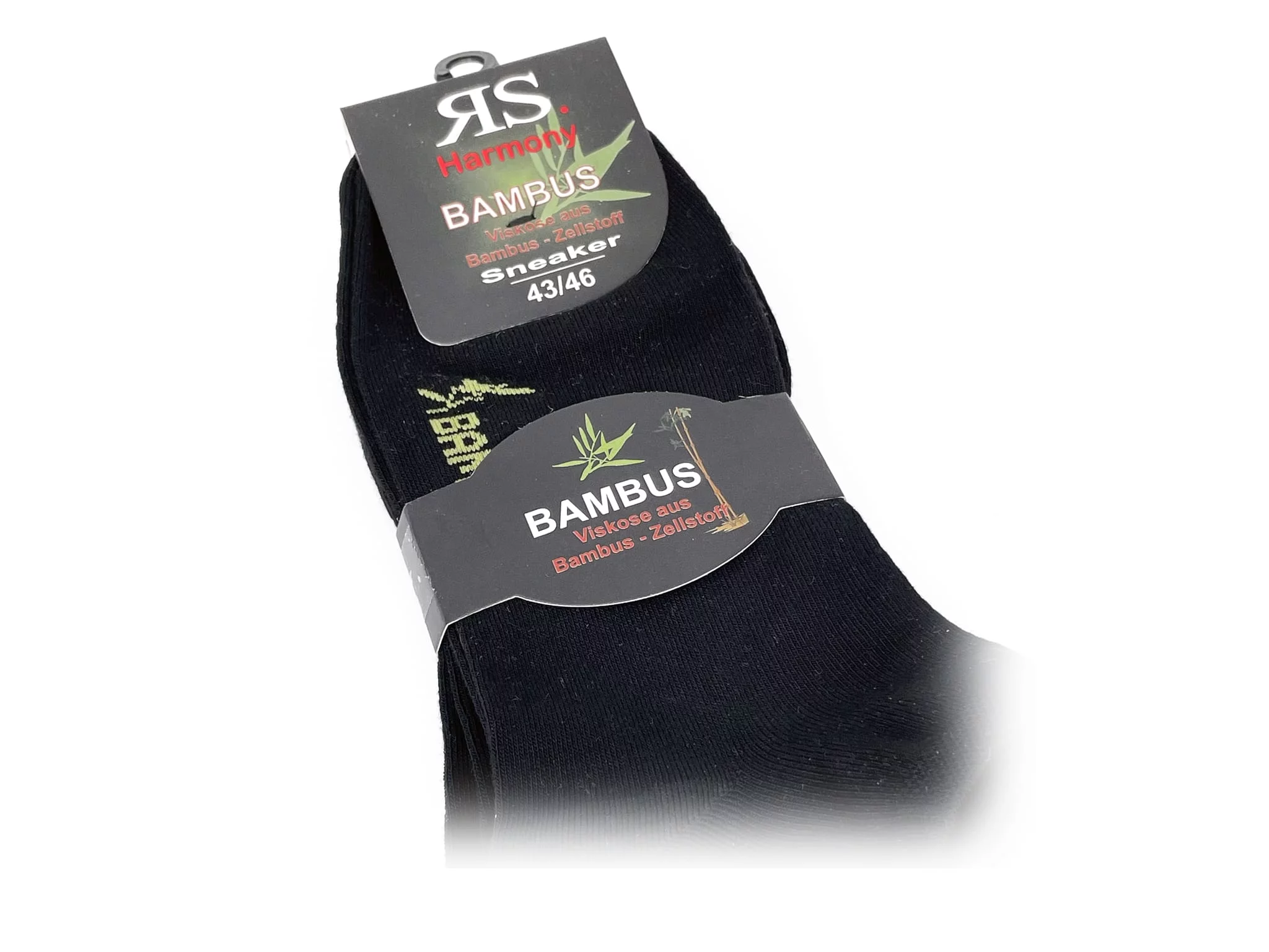 Calzini sneaker in bambù neri con indicazione della taglia 43/46 visibile sulla fascetta