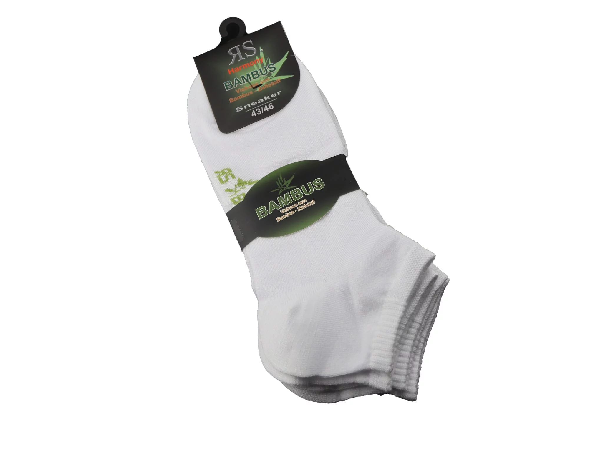 Bamboo sneaker socks in white as a bundled pair with a black band in front of a white background