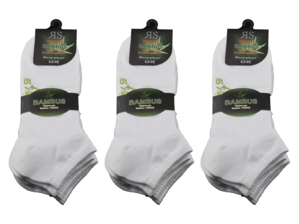 Bambus Sneaker Socken in Weiss als drei einzeln gebündelte Paare in Vorderansicht