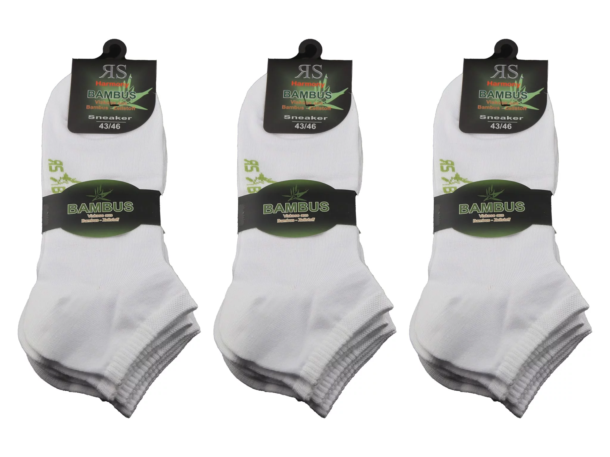 Bamboo sneaker socks in white as three individually bundled pairs in front view