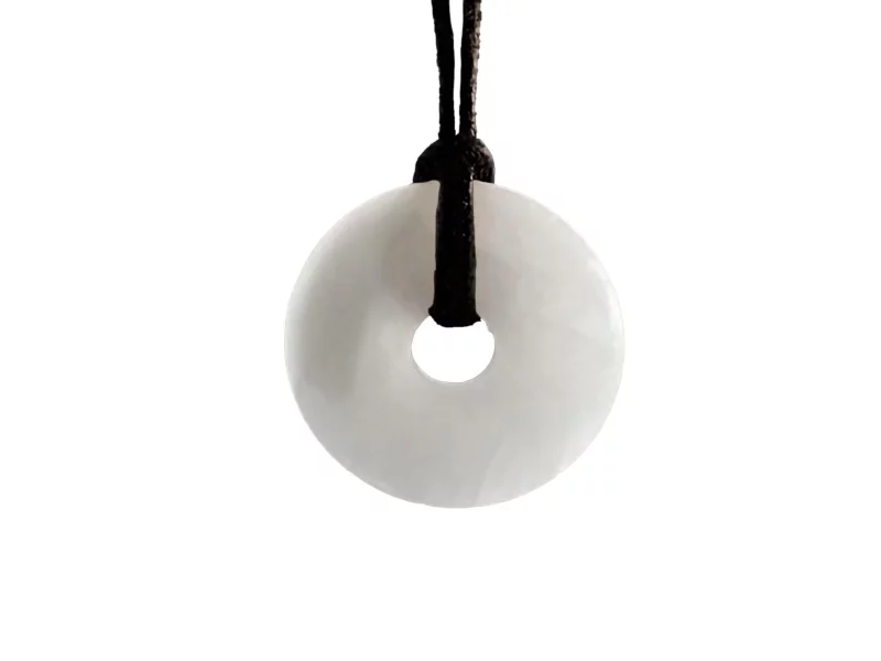 Baryte Donut Pendant in Snow White with Black Cord on White Background