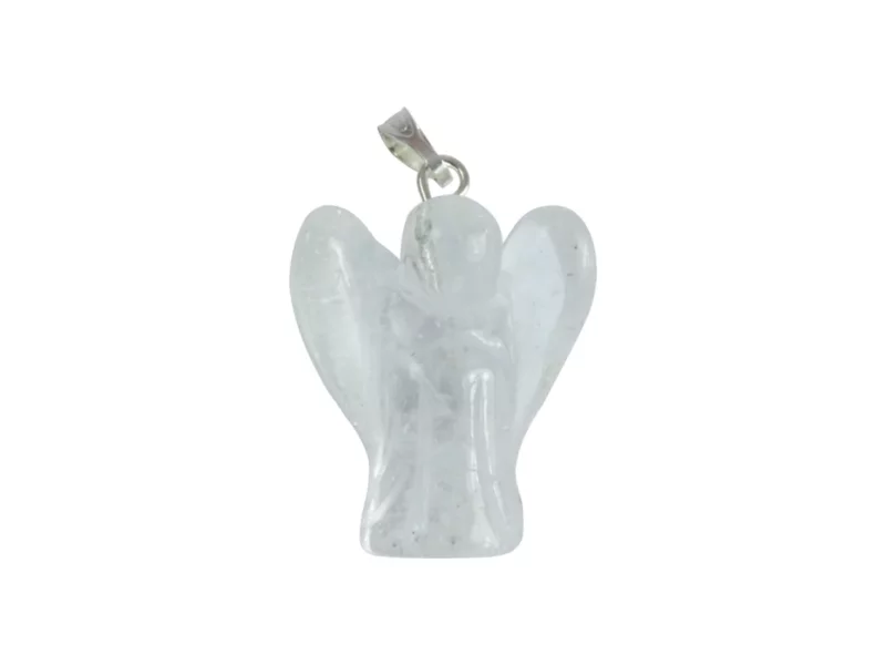 Clear quartz angel pendant in a transparent natural-stone look with metal bail on a white background