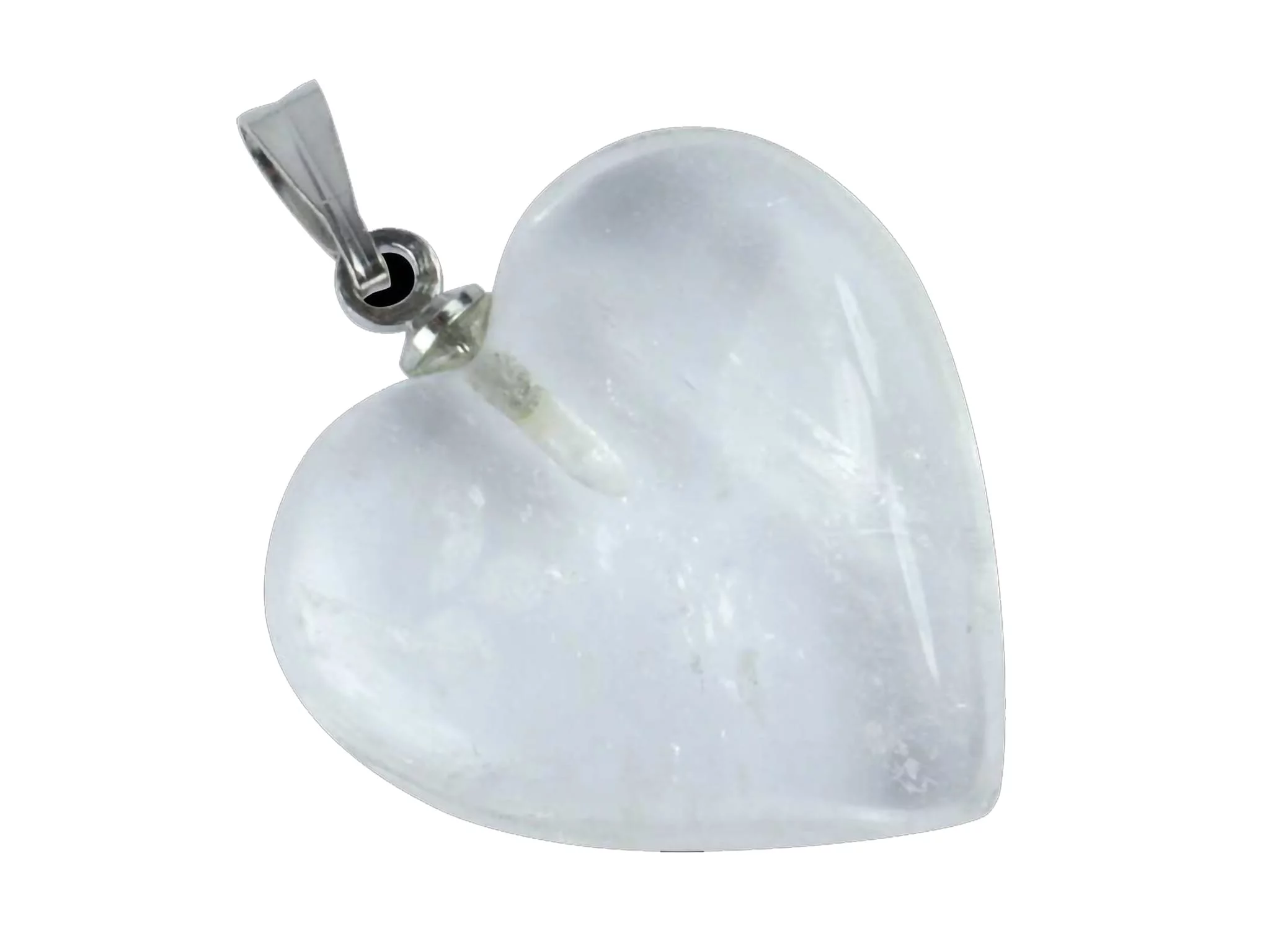 Detail of rock crystal heart gemstone pendant with smooth, transparent surface