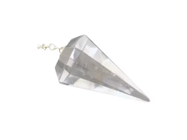 Clear quartz pendulum with faceted clear point and chain attachment against white background