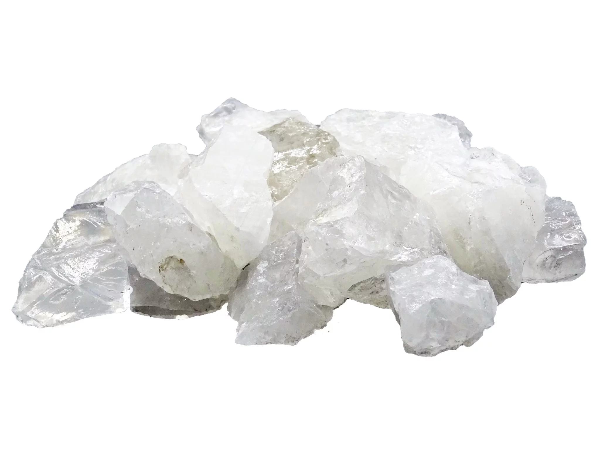 Rock crystal water stones as a pile of transparent raw stones against a white background