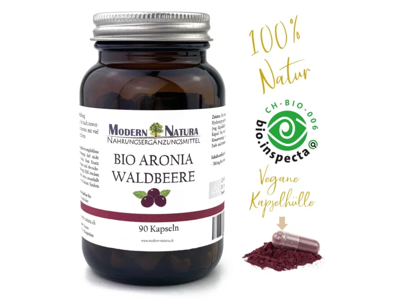 Bio Aronia Waldbeere Kapseln im Einzelglas als Hauptansicht der 90-Kapsel-Packung