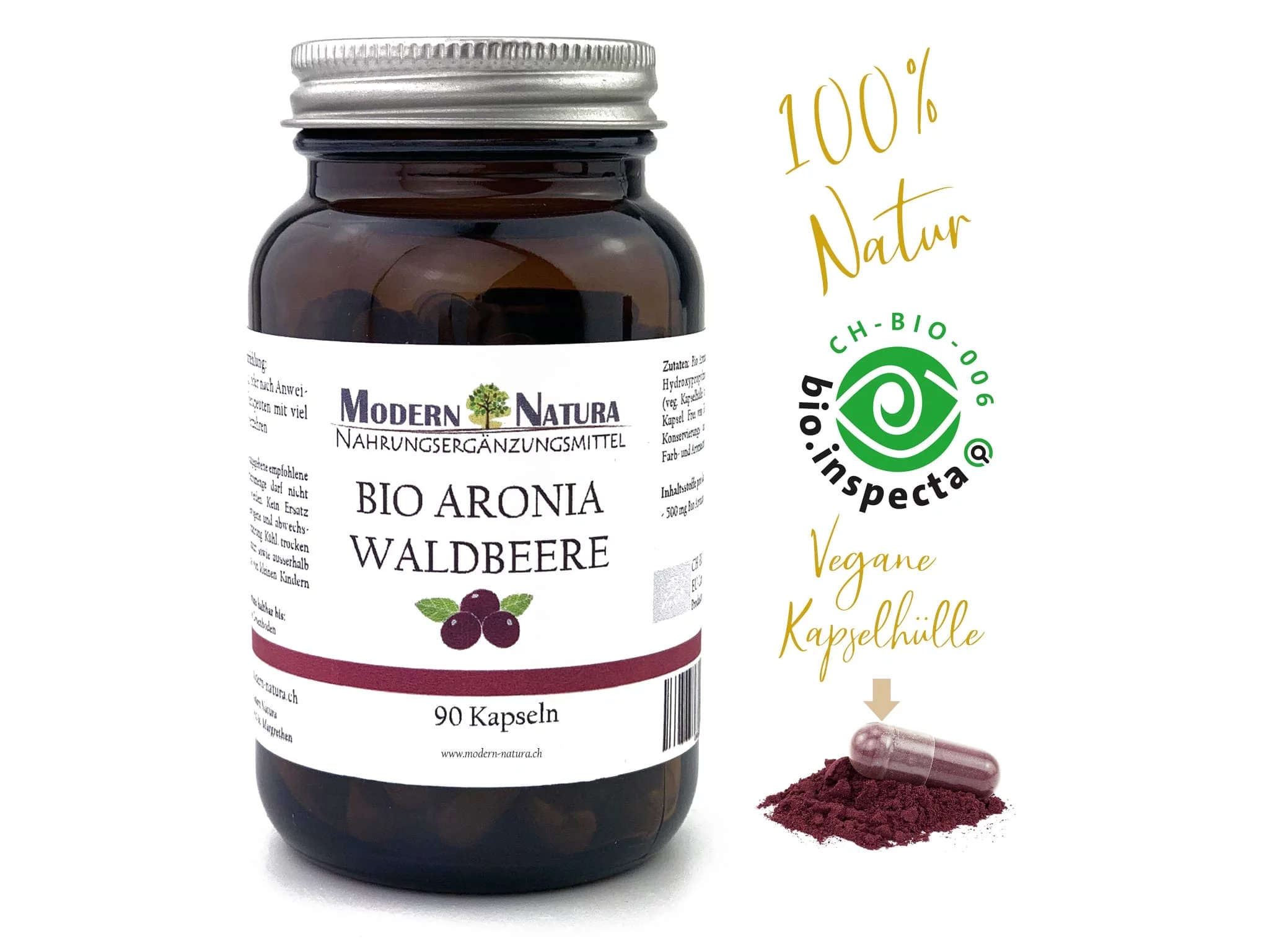 Bio Aronia Waldbeere Kapseln im Einzelglas als Hauptansicht der 90-Kapsel-Packung