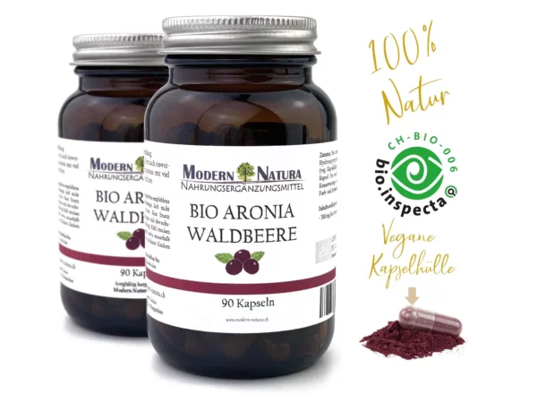 Capsules d'aronia bio, double pack avec deux flacons sur la vue du produit