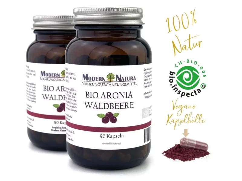 Organic aronia wild berry capsules as a double pack with two jars on the product view
