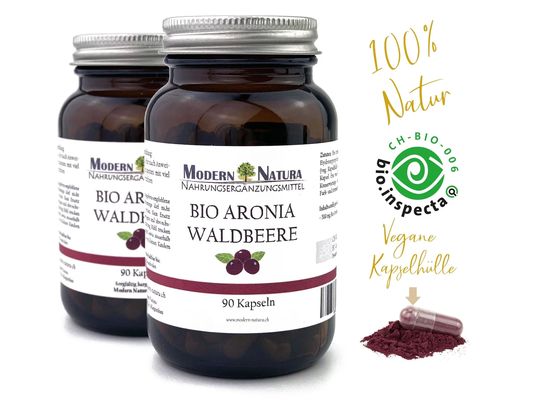 Capsules d'aronia bio, double pack avec deux flacons sur la vue du produit