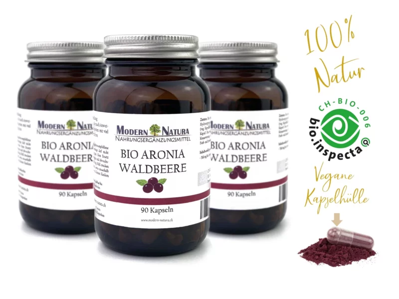 Organic Aronia Capsules Triple Pack with three jars and 500 mg aronia berry powder per capsule
