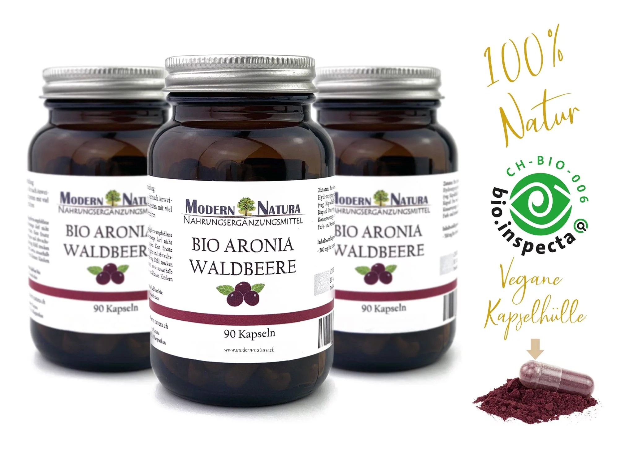 Bio Aronia Kapseln Dreierpack mit drei Gläsern und 500 mg Aroniabeerenpulver je Kapsel