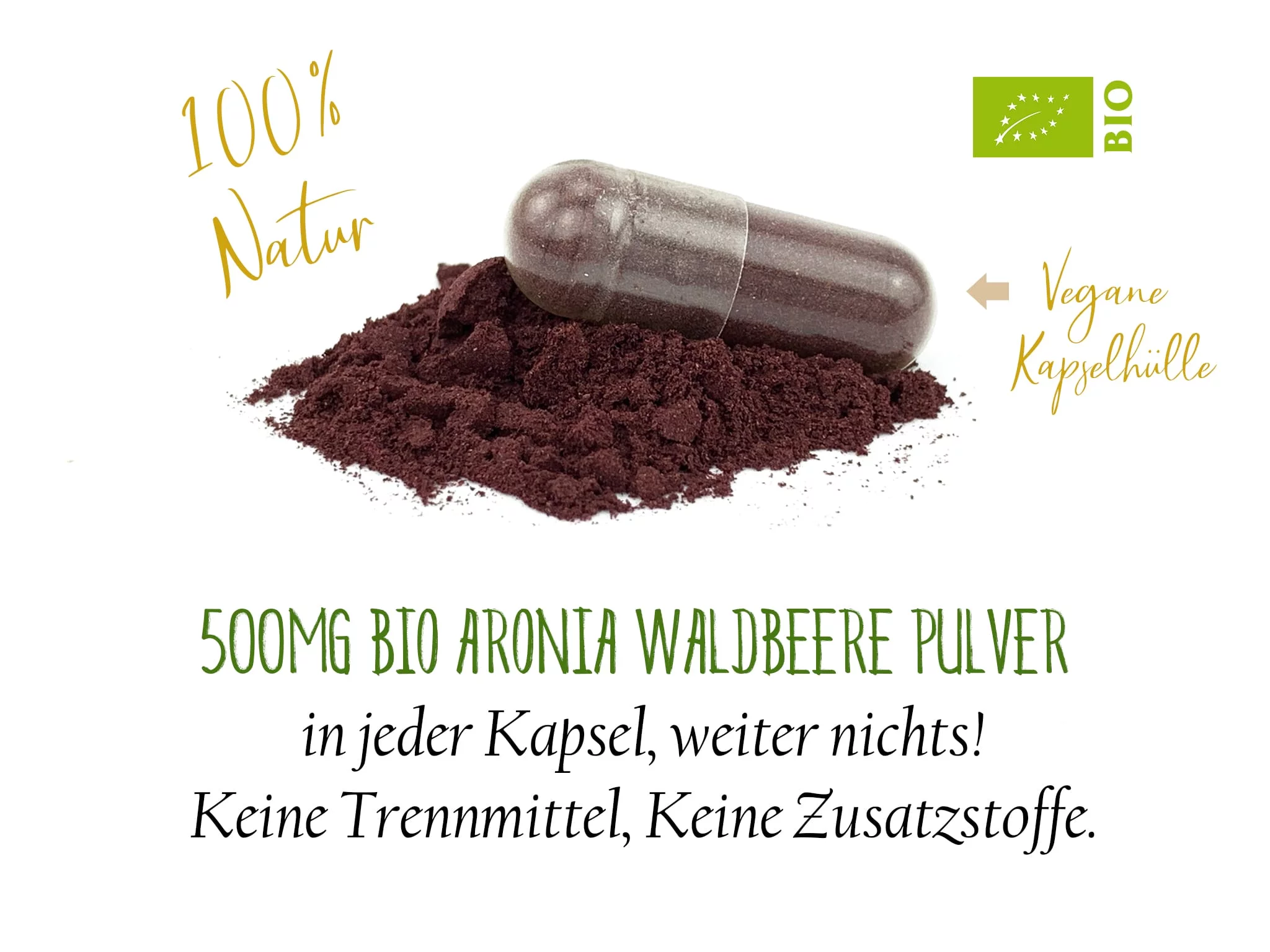 Bio Aronia Kapseln mit Hinweis auf vegane und glutenfreie Rezeptur im Dreierpack