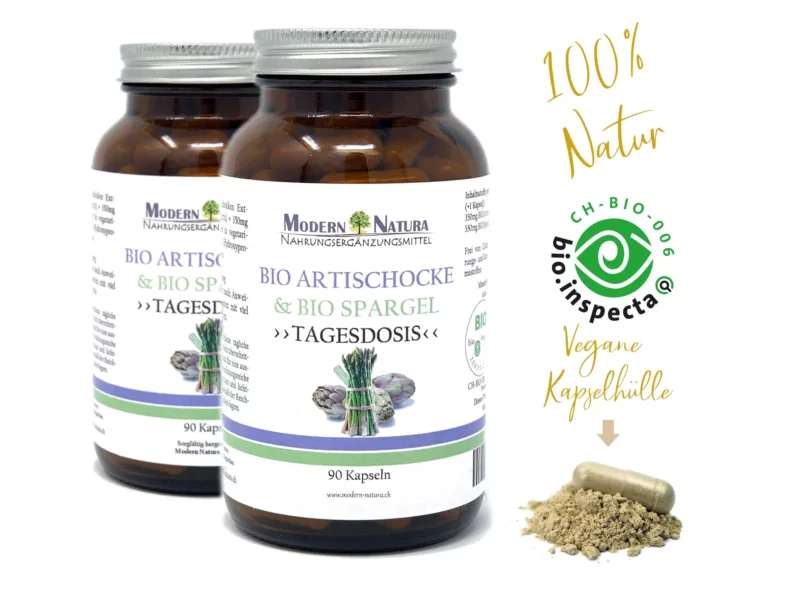 Organic artichoke asparagus capsules twin pack with two glass jars in the main view