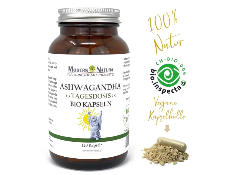 Bio Ashwagandha Kapseln im Glas, Hauptansicht der veganen Nahrungsergänzung mit 120 Kapseln