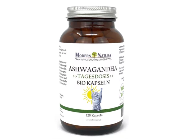 Bio Ashwagandha Kapseln im Glas, weitere Ansicht der Glasverpackung mit Bio Wurzelpulver