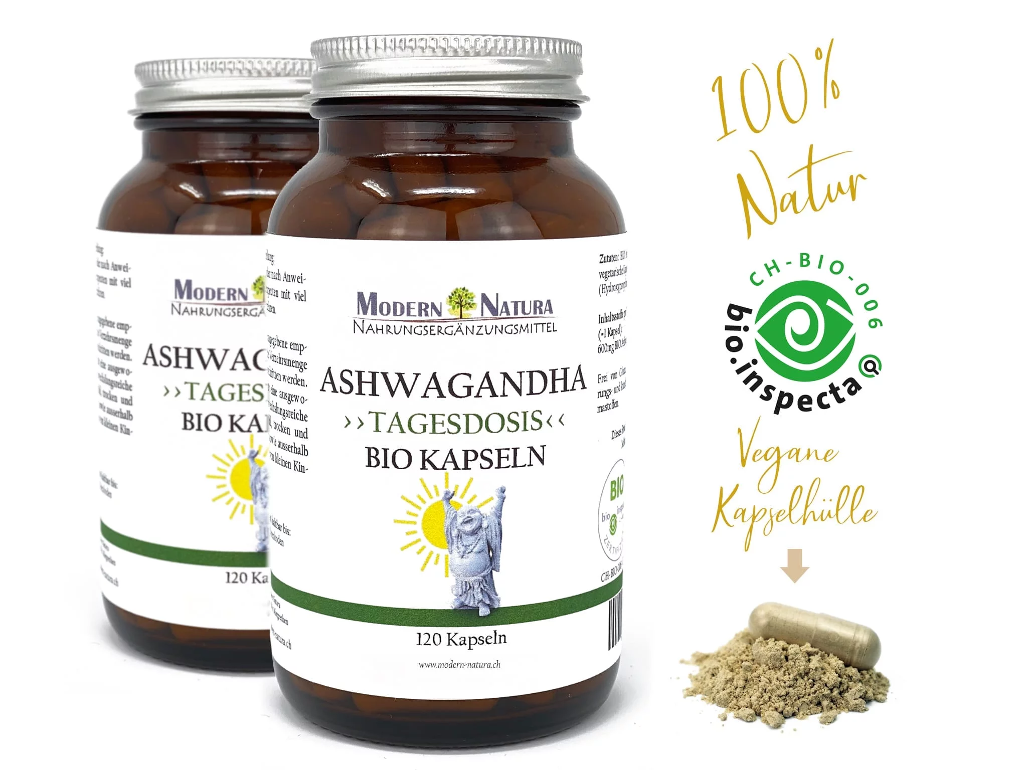 Bipack di Capsule di Ashwagandha BIO come vista principale con due barattoli ed etichette del prodotto