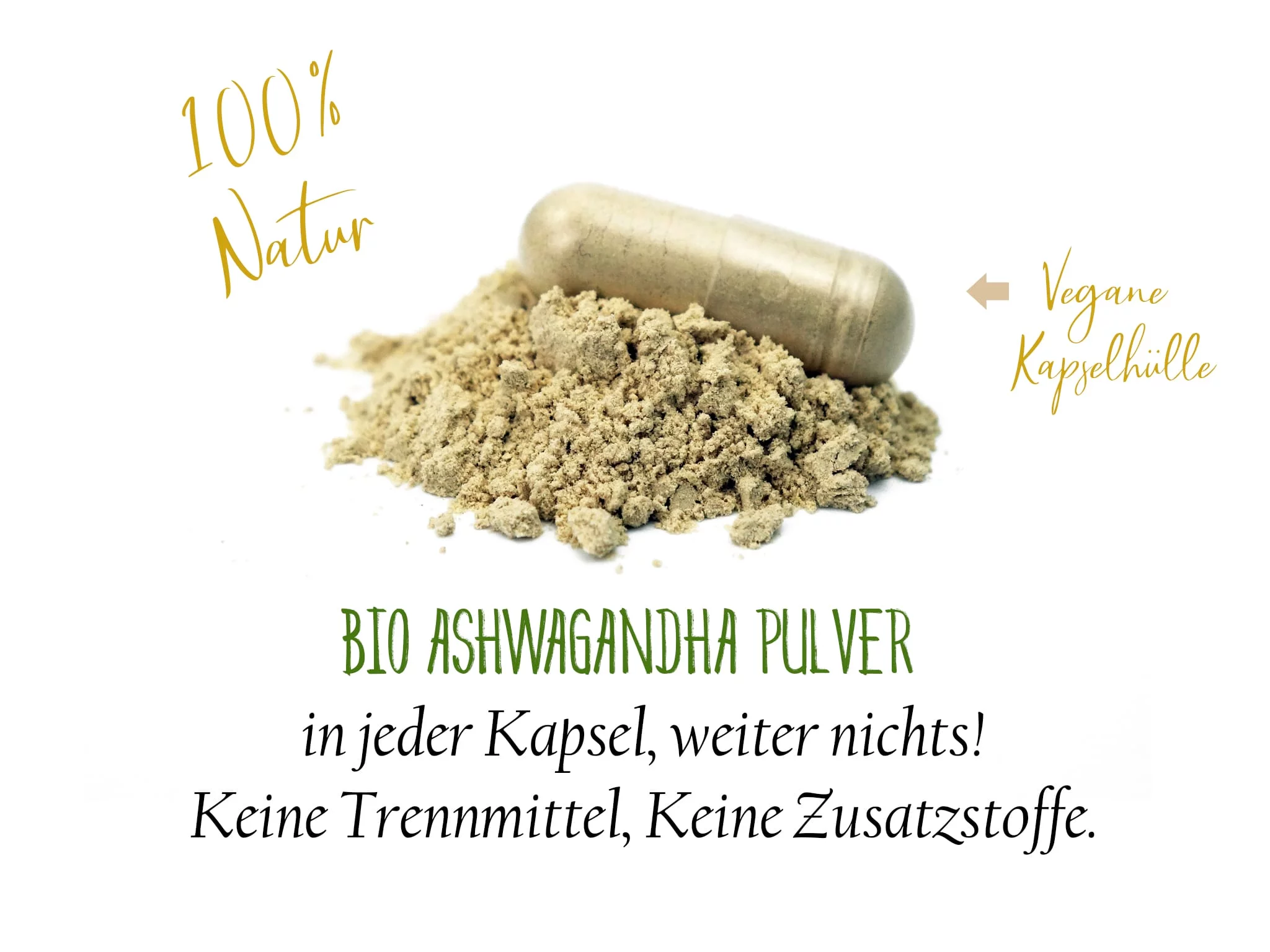 Gélules d'ashwagandha bio en pot, vue détaillée de l'emballage produit avec formule végane