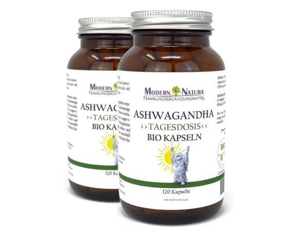 BIO Ashwagandha Kapseln Doppelpack mit zwei Gläsern in alternativer Produktansicht