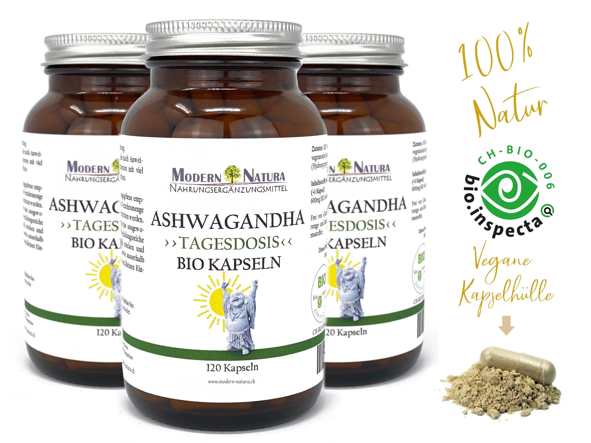 Bio Ashwagandha Kapseln Dreierpack als vollständige Produktansicht mit drei Gläsern