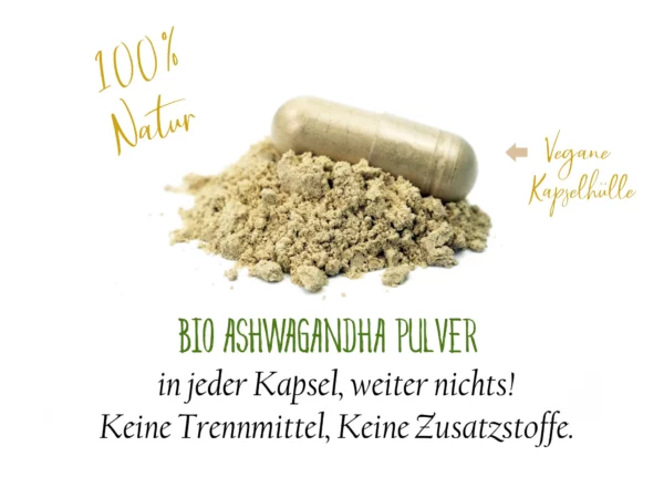 Bio Ashwagandha Kapseln mit Detailansicht einer veganen Kapsel und Ashwagandha Pulver