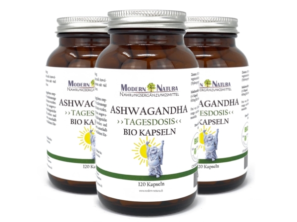 Organic Ashwagandha capsules triple pack in an additional view of the three product jars