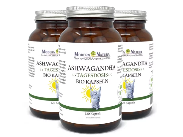 Bio Ashwagandha Kapseln Dreierpack in einer zusätzlichen Ansicht der drei Produktgläser