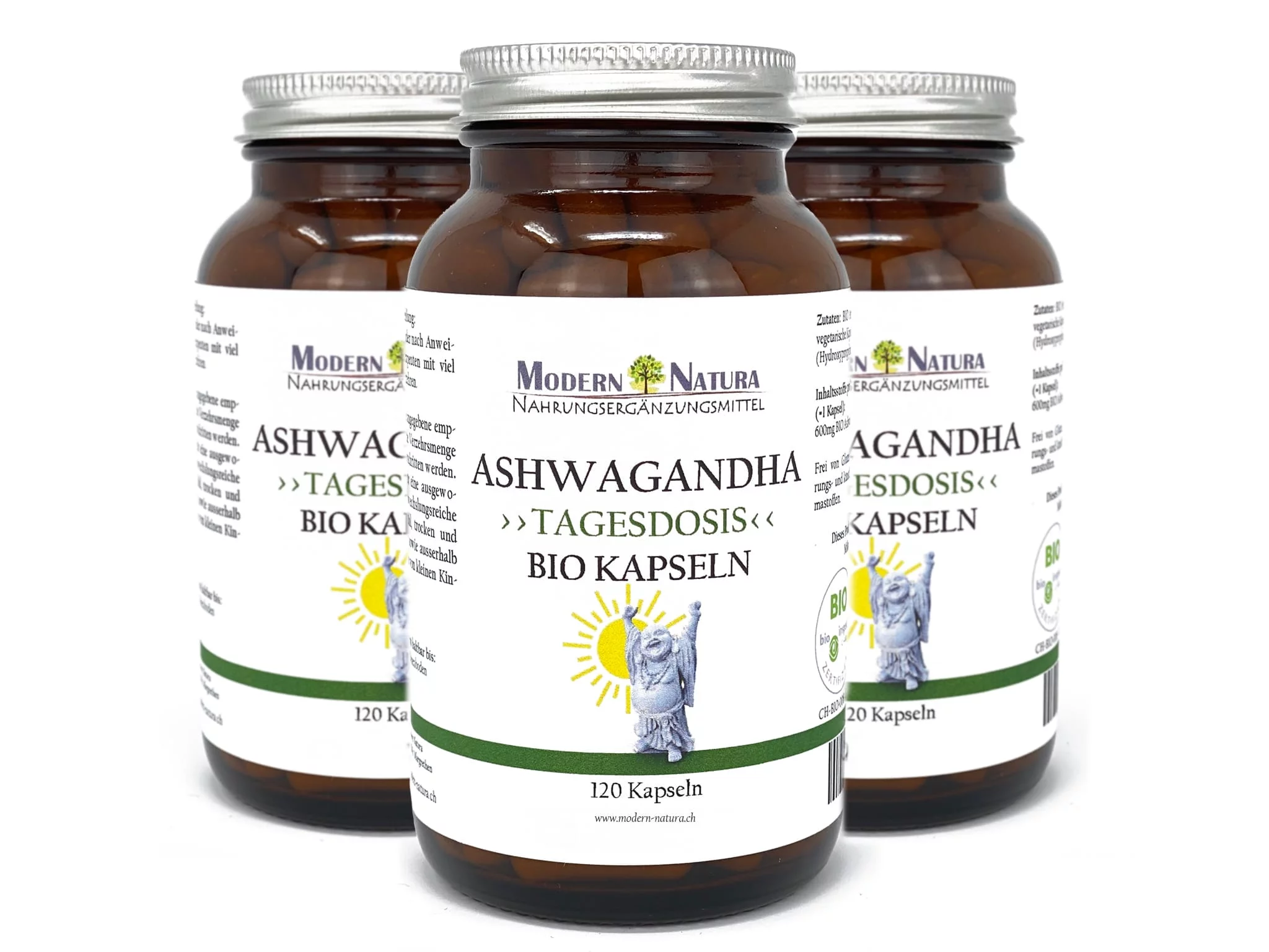 Bio Ashwagandha Kapseln Dreierpack in einer zusätzlichen Ansicht der drei Produktgläser