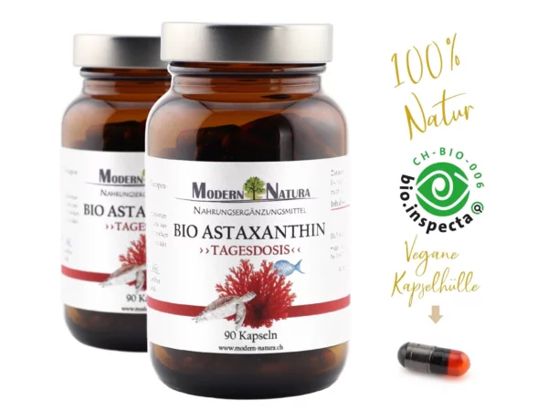 Organic Astaxanthin Capsules Twin Pack with two glass bottles, each containing 90 vegan capsules