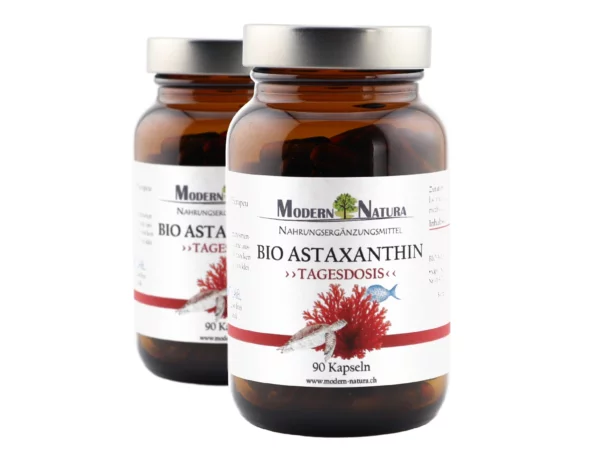 BIO Astaxanthin Kapseln Doppelpack mit zwei Glasflaschen auf Produktansicht